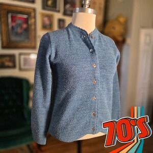 Vintage 70s Cardigan Hand Knit Wool Blue Heathered Scalloped Neck Pearl Buttons
